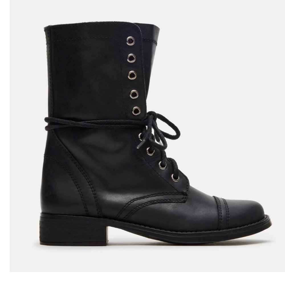 Steve Madden Tropa Leather Black Lace-Up Boots - Picture 2 of 6